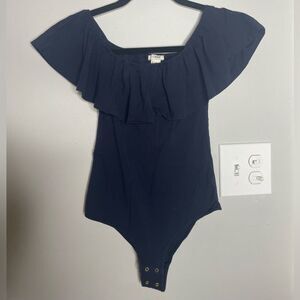 XS jcrew, navy onesie with off the shoulder sleeves